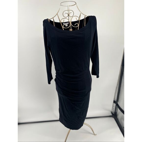 James Perse Standard Midi  Dress Ruched 3/4 Sleeve Black Size 4 - Picture 1 of 11